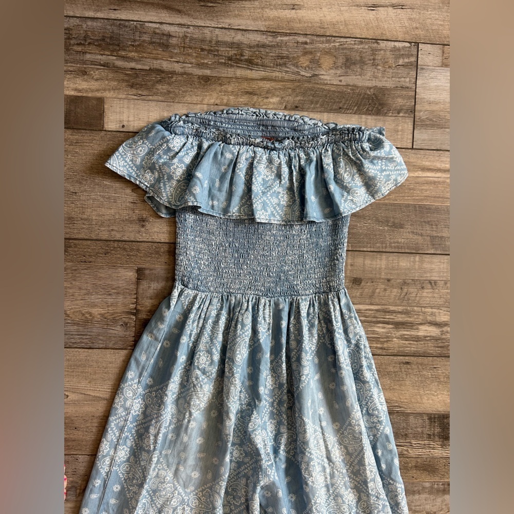 SCULLY bandana jumpsuit flare wide legs- light blue paisley ruffle strapless - Picture 8 of 9